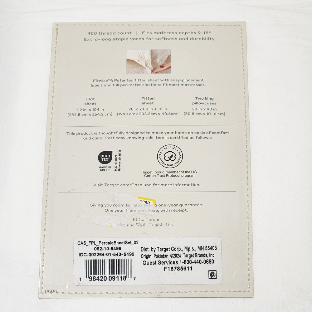 Casaluna King Premium Cotton Percale Sheet Set 400 TC White 4pc New - Picture 4 of 7